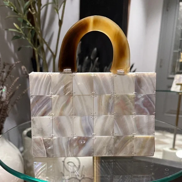 Chic Mother of Pearl Clutch with Brown Handle - Picture 2 of 5